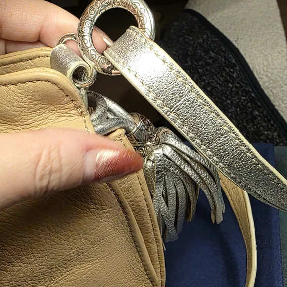 Vintage Brighton Leather Crossbody Bag Beige Silver Tassel Purse